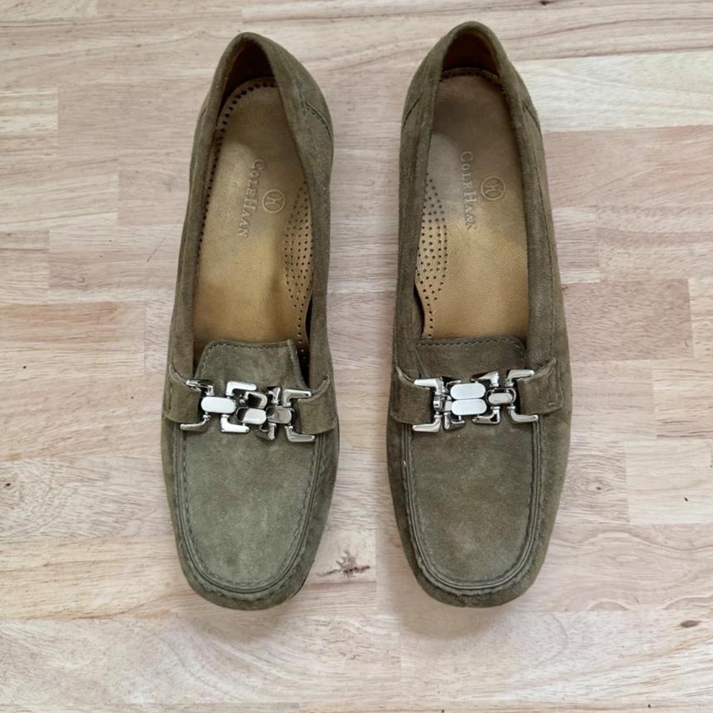 Cole Haan green suede loafer with silver buckle hardware detail square toe